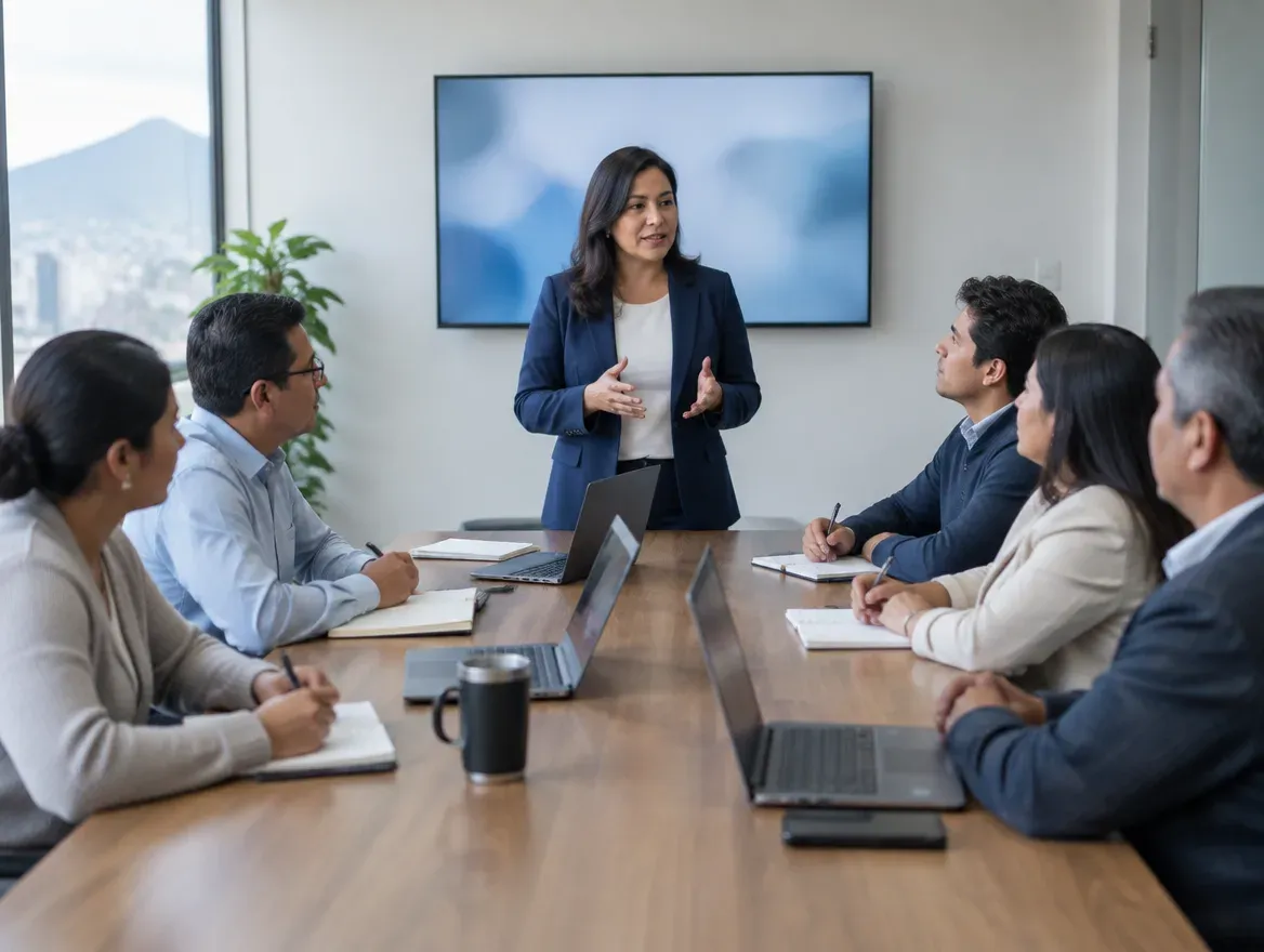 Instructora capacitando a un grupo de colaboradores en una sala de reuniones
